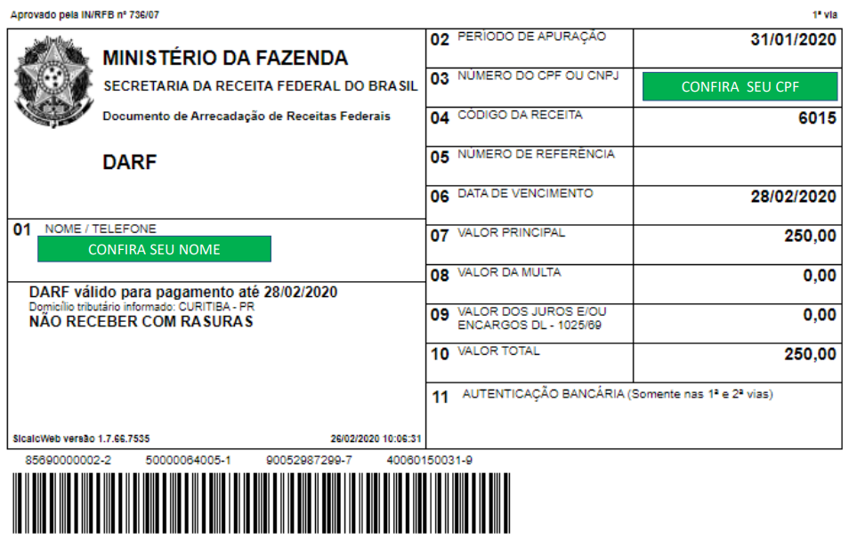 sicalc web exemplo de DARF para pagamento